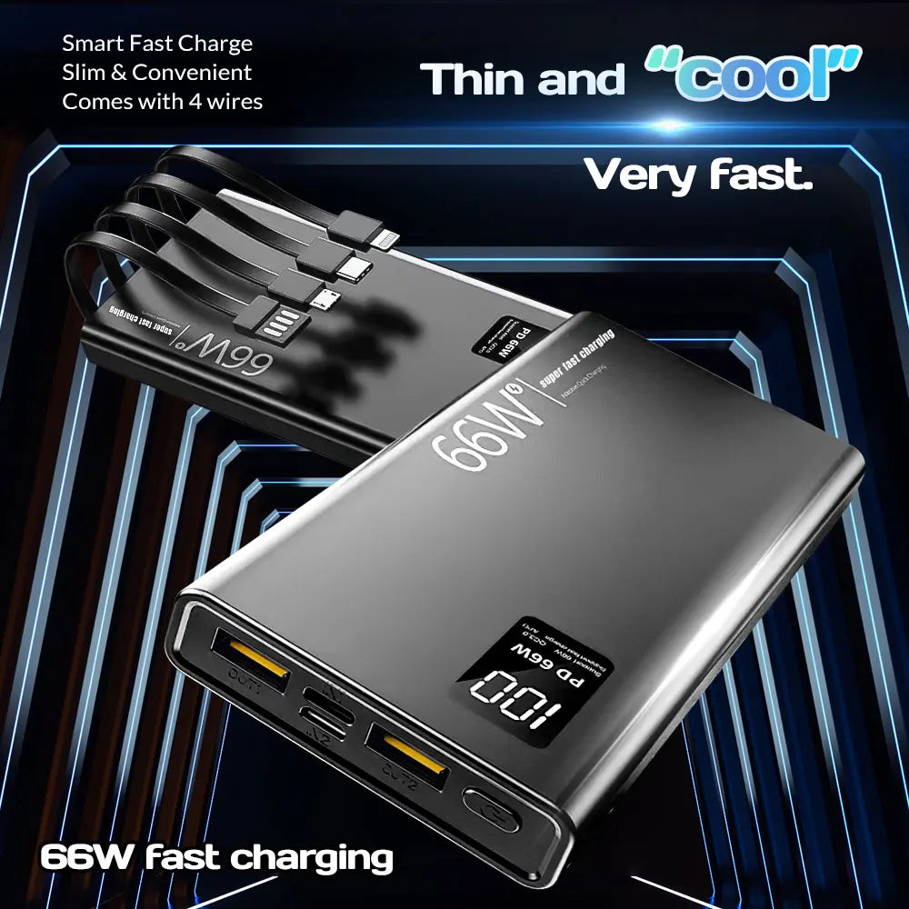 20000mAh Power Bank 66W Super Fast Charging For 20W  Built-in 4 Cables Portable Digital Powerbank External Battery
